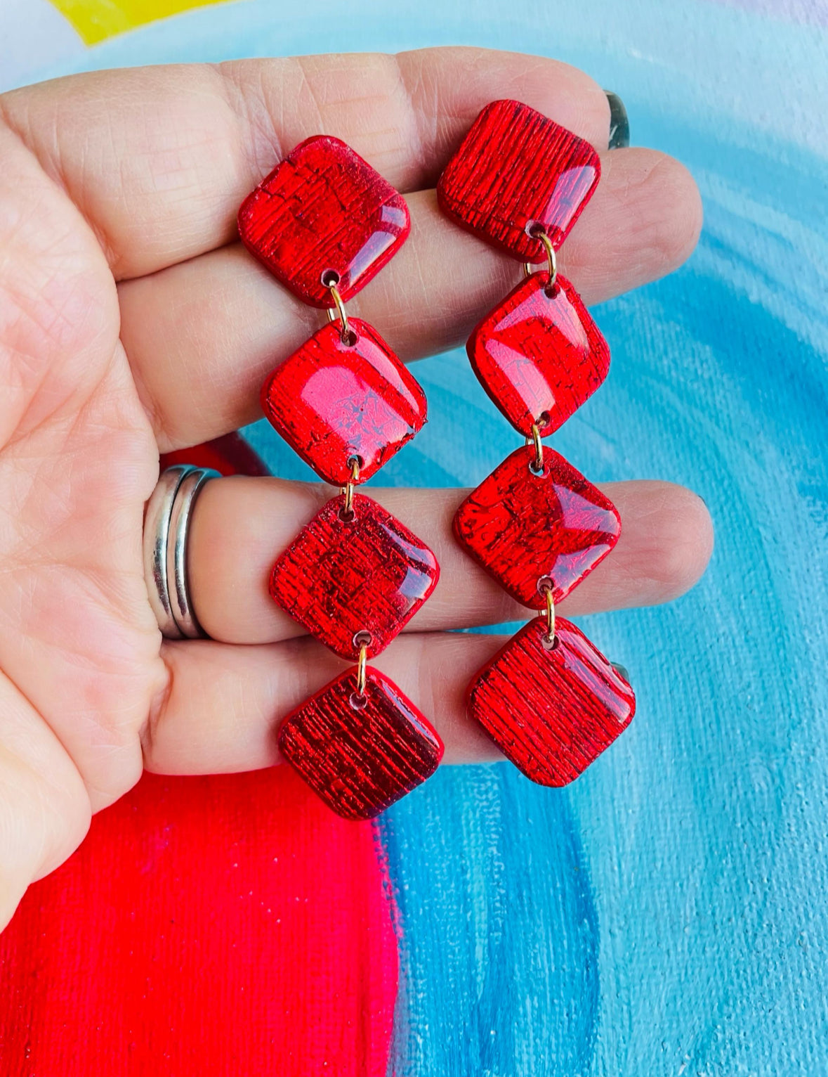 Red geometric earrings for a colorful style boost. Perfect accessory for a chic party or everyday outfit. Make a statement or choose a great handmade gift.
Red statement earrings, Long dangle earrings, mysarajewellery earrings for her. Birthday present for friend or red accessories lover
