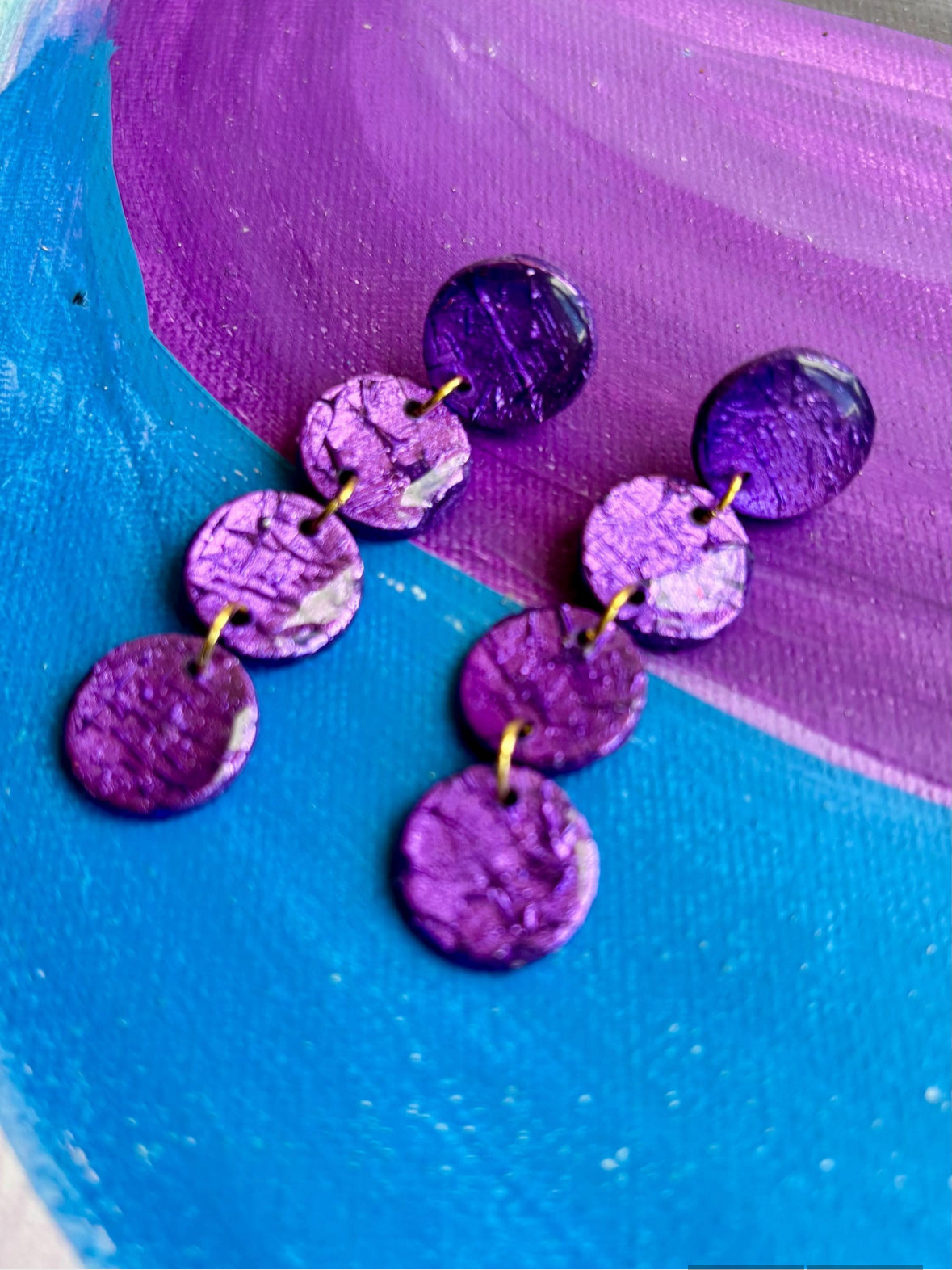These Purple dangle earrings remind me of blueberries and they will certainly add a pop of color to your everyday outfits. These earrings are colorful but the simple design makes them easy to match whether you choose a minimal look or a summery floral dress.

Make a statement or choose a great handmade gift.

mysarajewellery purple Bolle earrings, handmade polymer clay puple earrings