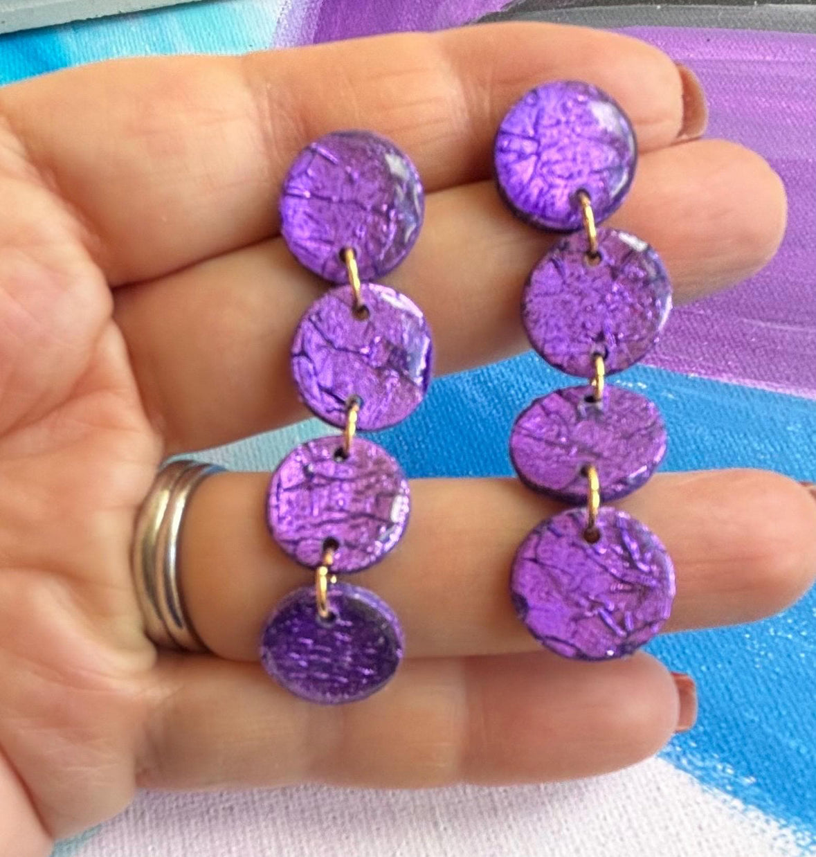 These Purple dangle earrings remind me of blueberries and they will certainly add a pop of color to your everyday outfits. These earrings are colorful but the simple design makes them easy to match whether you choose a minimal look or a summery floral dress.

Make a statement or choose a great handmade gift.

mysarajewellery purple Bolle earrings, handmade polymer clay puple earrings