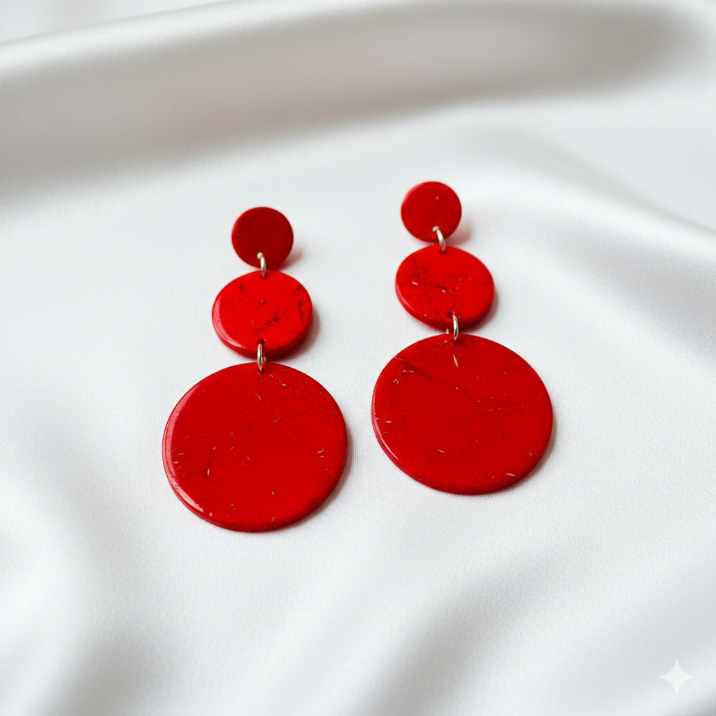 Flat lay of red polymer clay earrings on neutral background, modern statement accessory.