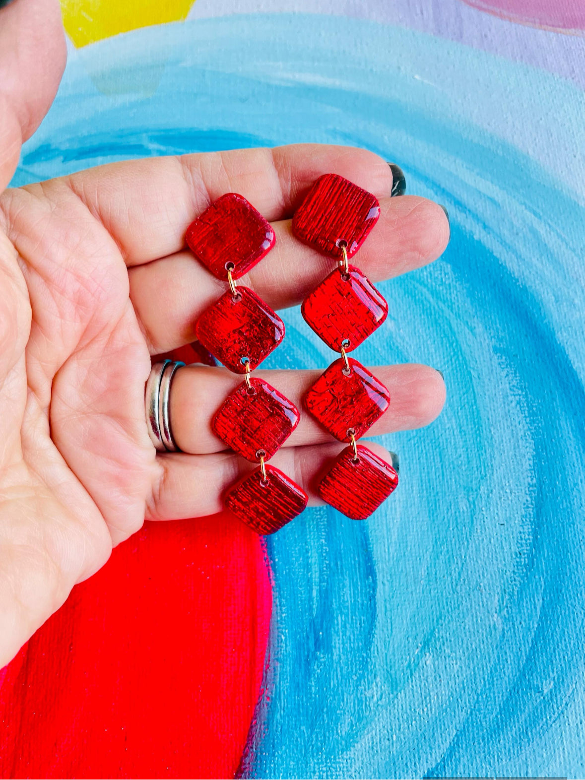 Red geometric earrings for a colorful style boost. Perfect accessory for a chic party or everyday outfit. Make a statement or choose a great handmade gift.
Red statement earrings, Long dangle earrings, mysarajewellery earrings for her. Birthday present for friend or red accessories lover
