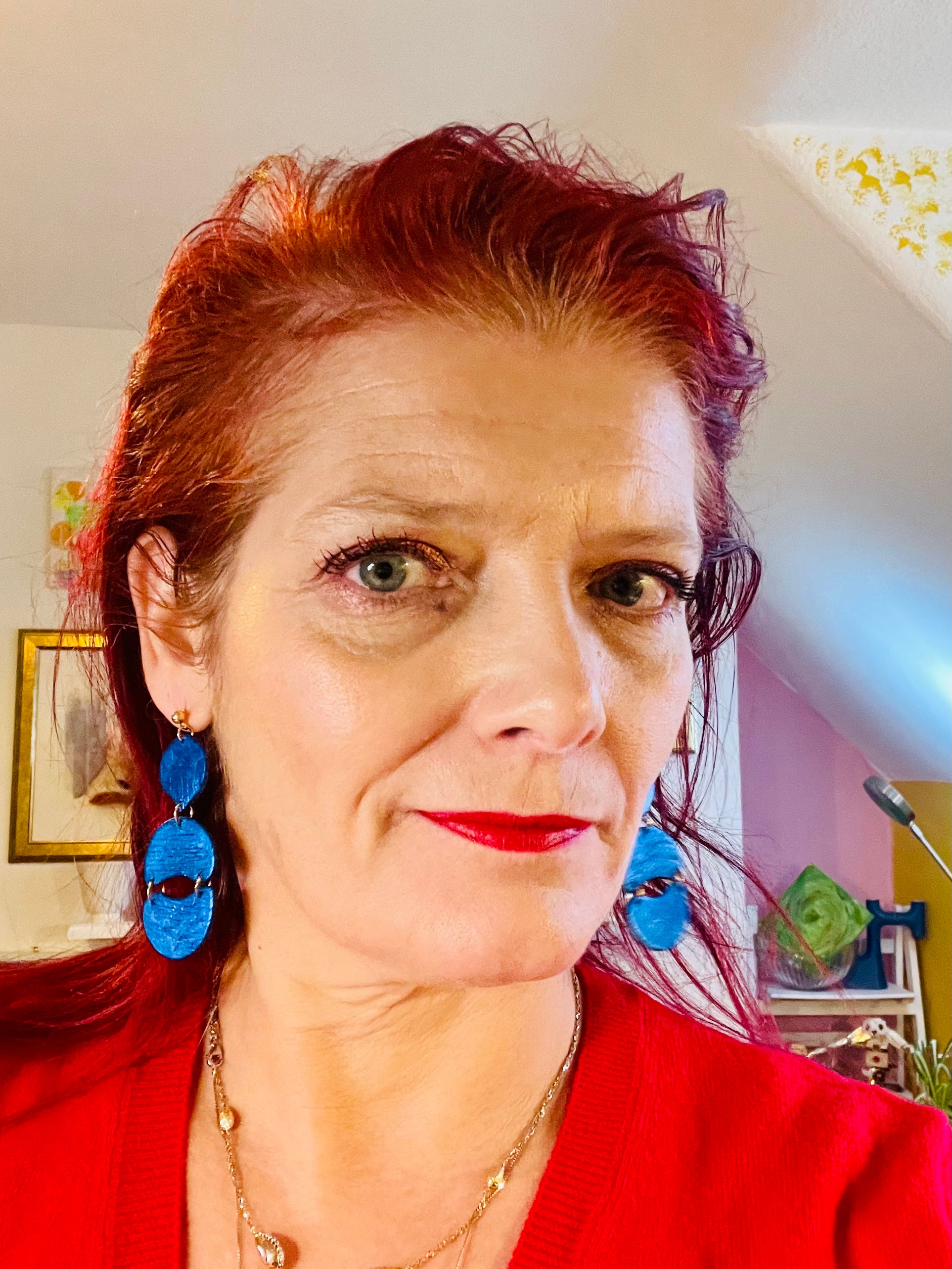 Make a statement with these unique handmade earrings. Exceptional craftsmanship and royal blue color make them the perfect accessory for a special event or just to elevate your everyday look.These unique royal blue earrings are made from polymer clay covered in foil and they have a light stripy texture. The posts are made of stainless steel and come with plastic backs instead of metal butterfly.These stunning earrings measure approximately 3cm width x 7.5cm length and are very light.